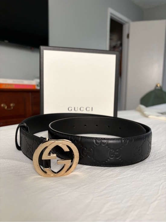 Gucci Accessories - Gucci Black Embossed GG Leather Belt with Gold Double G Buckle